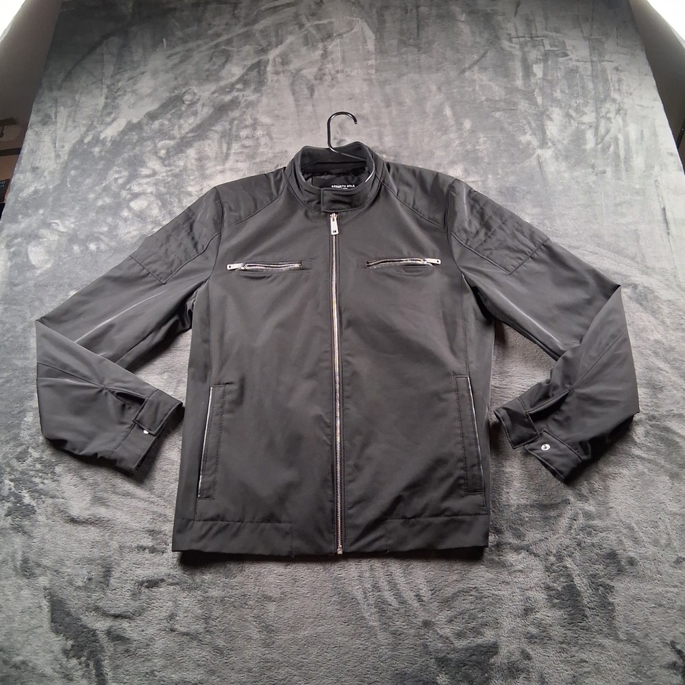Kenneth Cole Moto Jacket Mens Small Black Quilted Shoulder Full Zip Lightweight - Picture 2 of 7